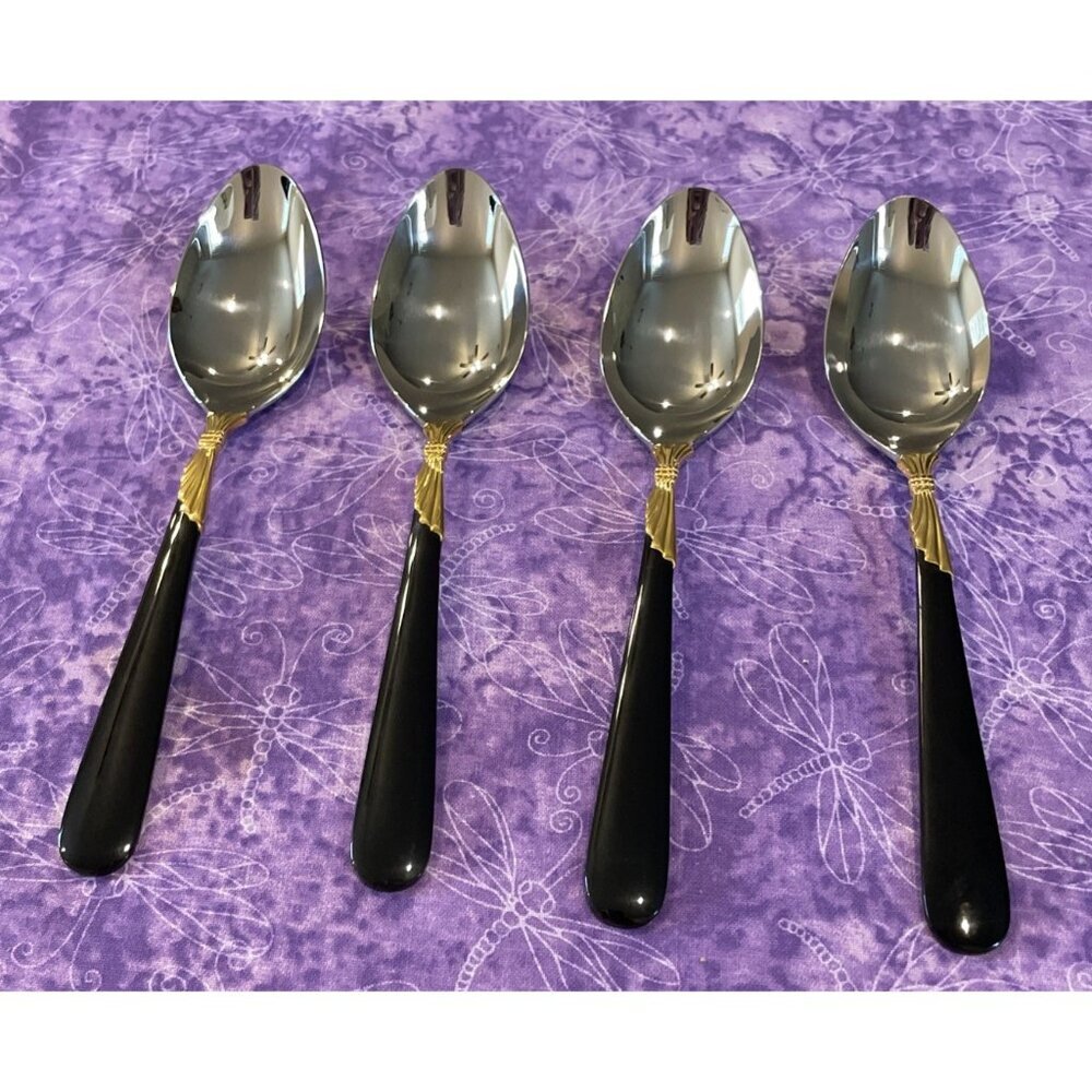 Yamazaki Lindi Teaspoons 18/8 Stainless Black‎ Handle Gold Accent Set Of 4 VTG